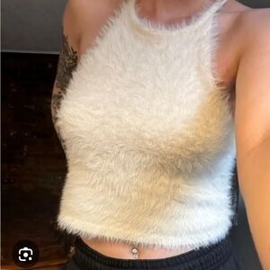 nwt 90s y2k Retro KENDALL AND KYLIE Pacsun Medium Fuzzy‎ Crop Halter Tank Cream